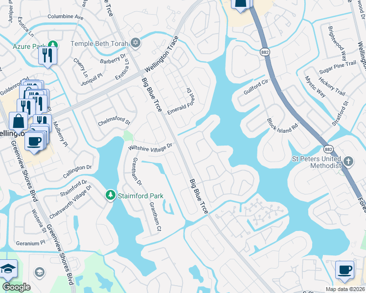 map of restaurants, bars, coffee shops, grocery stores, and more near 13065 Meadowbreeze Drive in Wellington