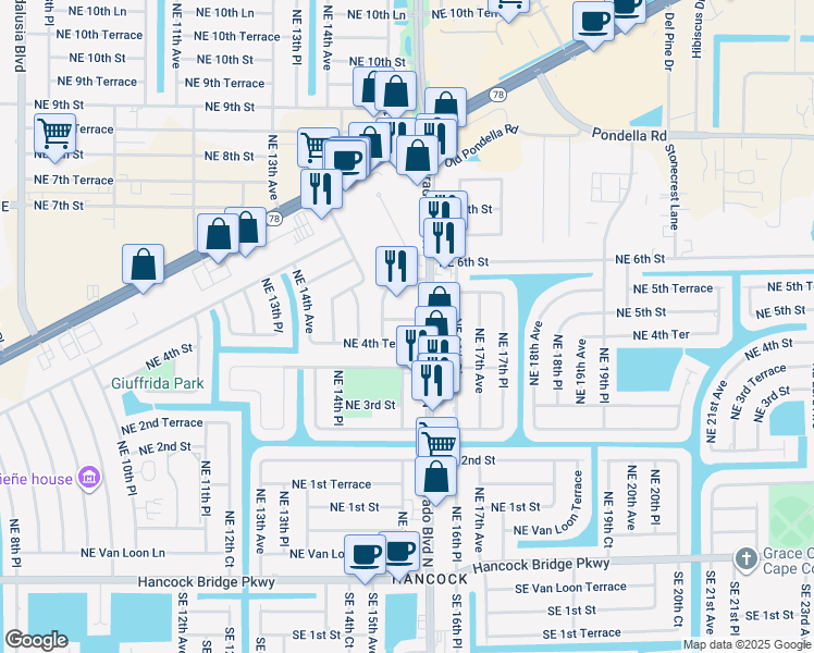 map of restaurants, bars, coffee shops, grocery stores, and more near 1532 Northeast 4th Lane in Cape Coral