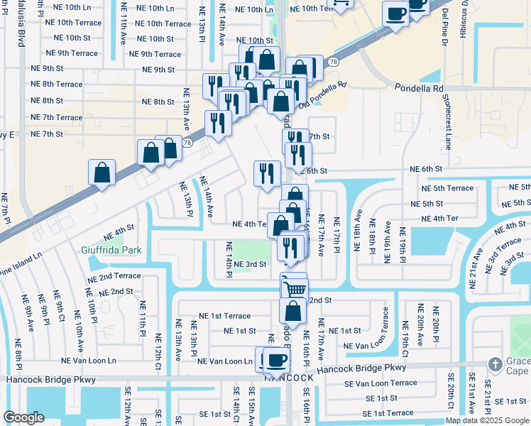map of restaurants, bars, coffee shops, grocery stores, and more near 1524 Northeast 4th Lane in Cape Coral