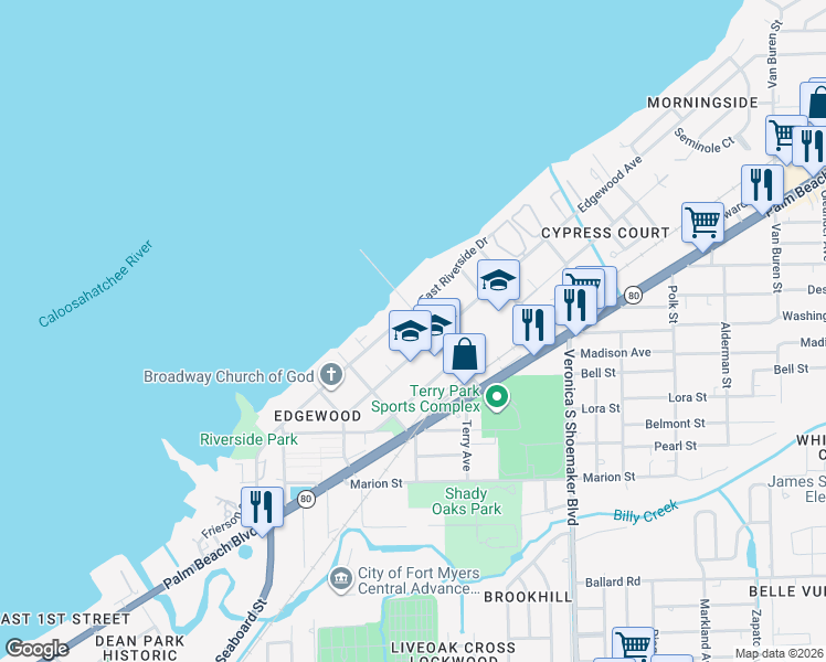 map of restaurants, bars, coffee shops, grocery stores, and more near 827 Tarpon Street in Fort Myers