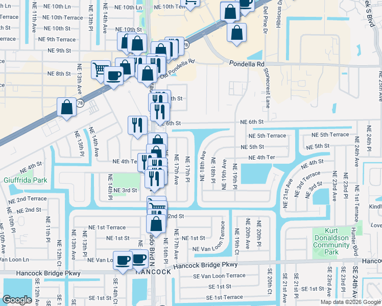 map of restaurants, bars, coffee shops, grocery stores, and more near 417 Northeast 17th Place in Cape Coral