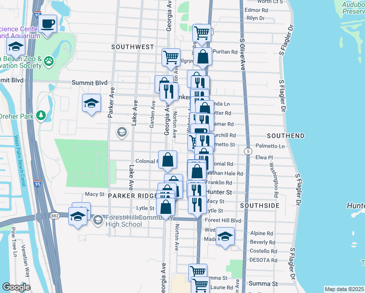 map of restaurants, bars, coffee shops, grocery stores, and more near 524 Palmetto Street in West Palm Beach