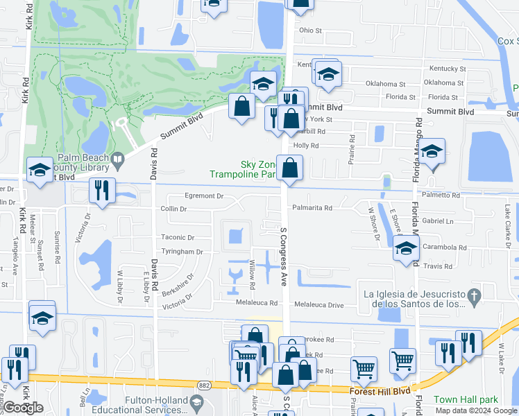 map of restaurants, bars, coffee shops, grocery stores, and more near 3096 Collin Drive in West Palm Beach