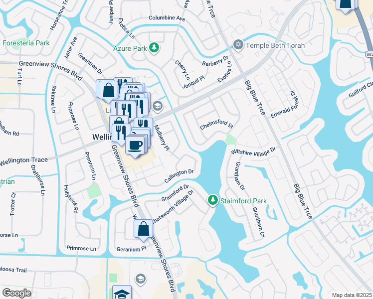 map of restaurants, bars, coffee shops, grocery stores, and more near 13614 Callington Drive in Wellington