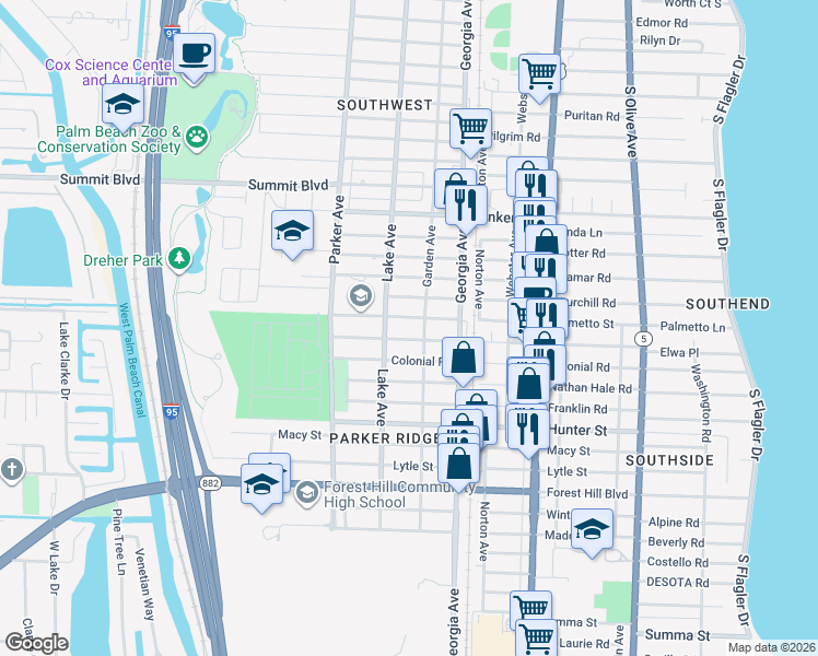 map of restaurants, bars, coffee shops, grocery stores, and more near 712 Palmetto Street in West Palm Beach