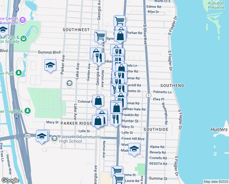 map of restaurants, bars, coffee shops, grocery stores, and more near 414 Palmetto Street in West Palm Beach