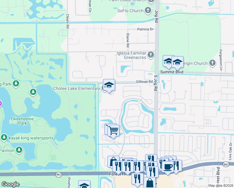 map of restaurants, bars, coffee shops, grocery stores, and more near 6624 Dillman Road in Greenacres