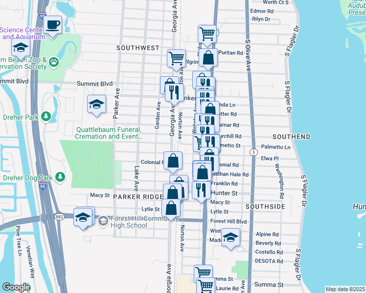 map of restaurants, bars, coffee shops, grocery stores, and more near 524 Palmetto Street in West Palm Beach