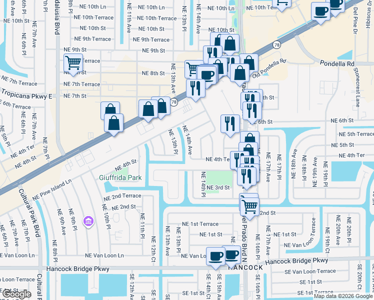 map of restaurants, bars, coffee shops, grocery stores, and more near 409 Northeast 13th Place in Cape Coral