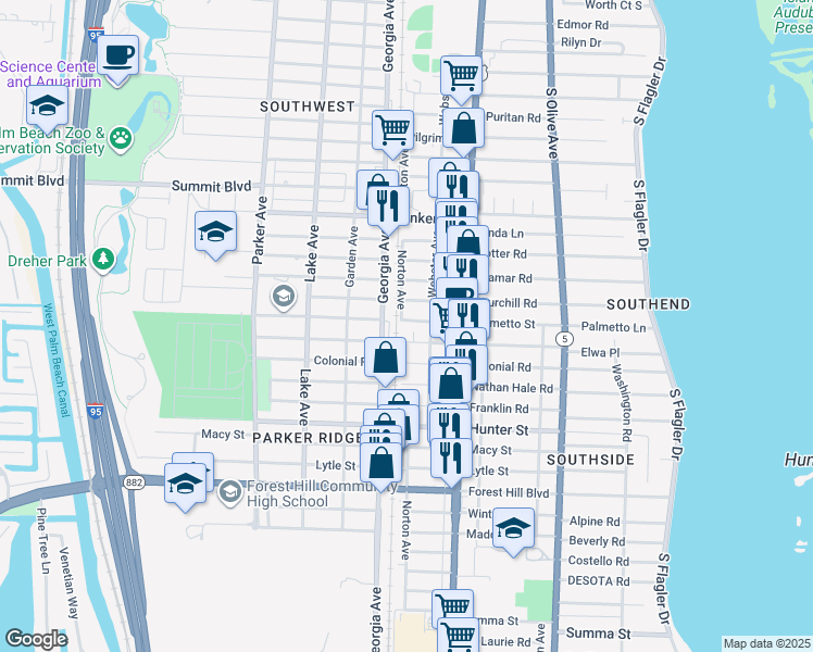 map of restaurants, bars, coffee shops, grocery stores, and more near 524 Palmetto Street in West Palm Beach