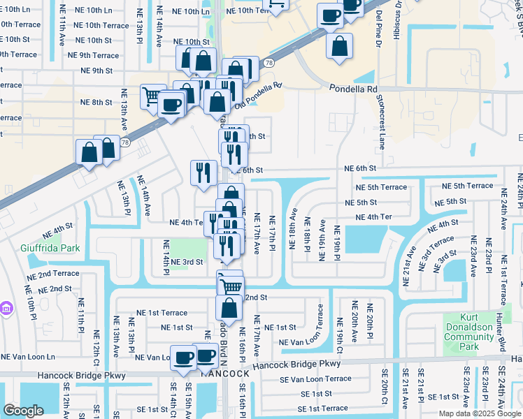 map of restaurants, bars, coffee shops, grocery stores, and more near 415 Northeast 17th Avenue in Cape Coral
