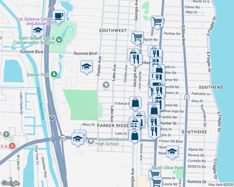 map of restaurants, bars, coffee shops, grocery stores, and more near in West Palm Beach