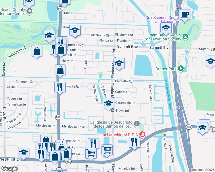 map of restaurants, bars, coffee shops, grocery stores, and more near 1059 Florida Mango Road in West Palm Beach