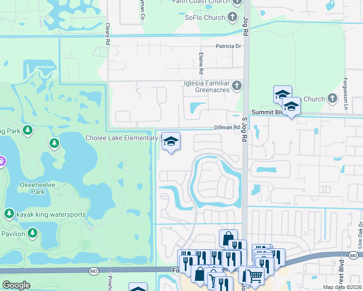 map of restaurants, bars, coffee shops, grocery stores, and more near 6624 Dillman Road in Greenacres