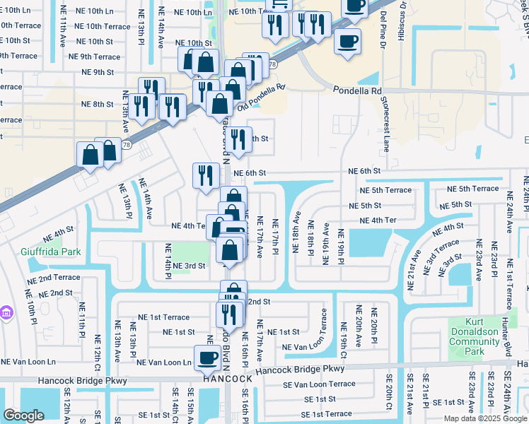 map of restaurants, bars, coffee shops, grocery stores, and more near 415 Northeast 17th Avenue in Cape Coral