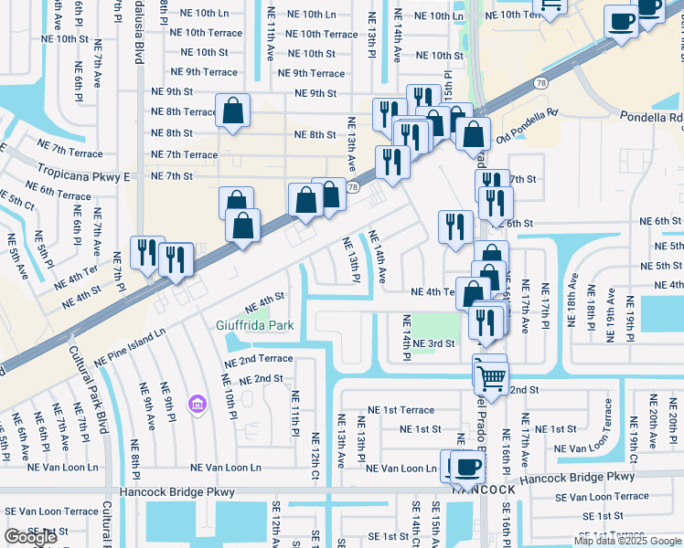 map of restaurants, bars, coffee shops, grocery stores, and more near 409 Northeast 13th Avenue in Cape Coral