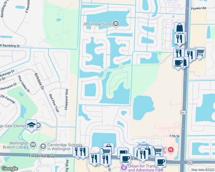 map of restaurants, bars, coffee shops, grocery stores, and more near 10557 Galleria Street in Wellington