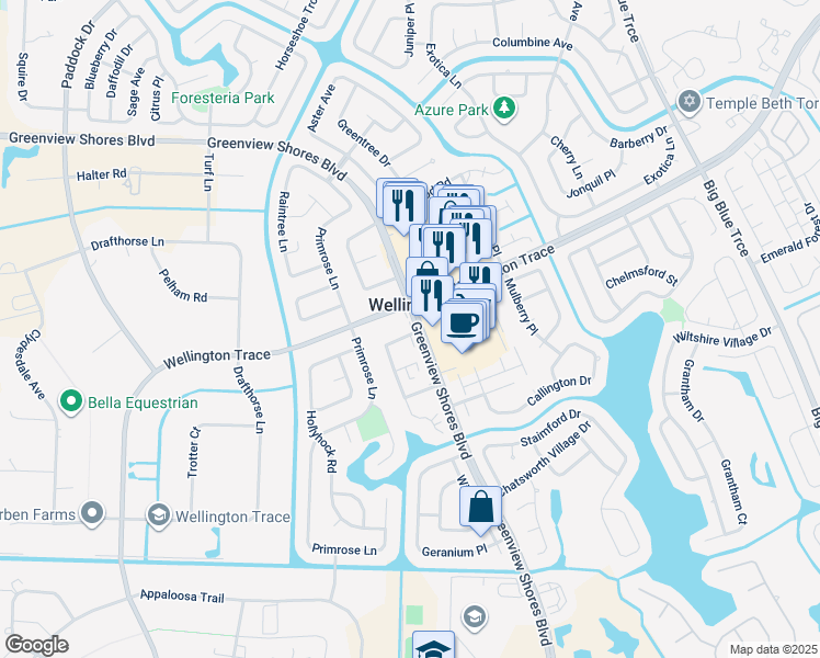 map of restaurants, bars, coffee shops, grocery stores, and more near 1433 Greenview Shores Boulevard in Wellington