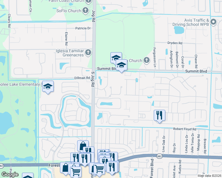 map of restaurants, bars, coffee shops, grocery stores, and more near 1122 Woodfield Court in Greenacres