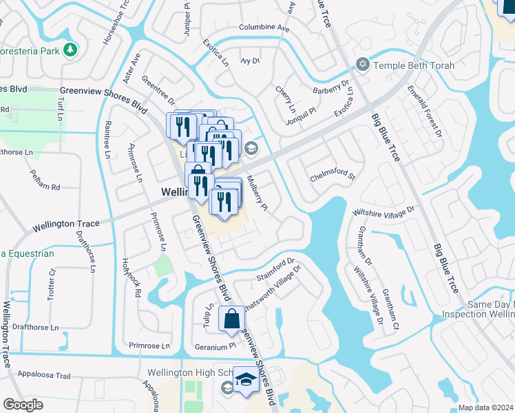 map of restaurants, bars, coffee shops, grocery stores, and more near 1198 Mulberry Place in Wellington
