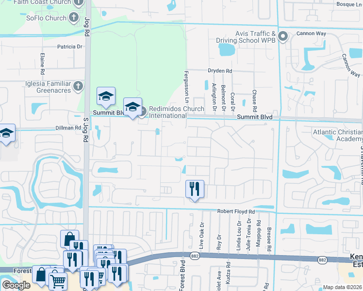 map of restaurants, bars, coffee shops, grocery stores, and more near 1156 Ranchette Road in West Palm Beach