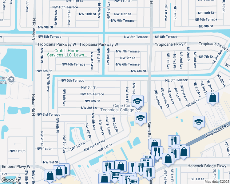 map of restaurants, bars, coffee shops, grocery stores, and more near 213 Northwest 4th Terrace in Cape Coral