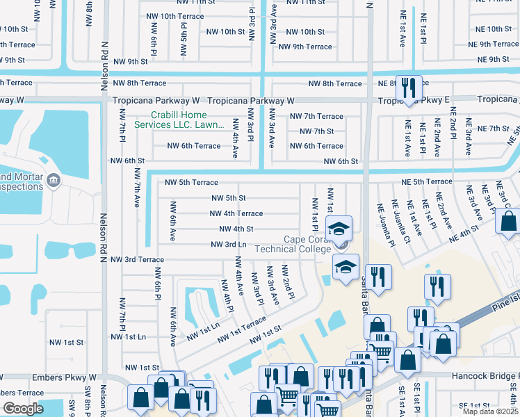 map of restaurants, bars, coffee shops, grocery stores, and more near 309 Northwest 4th Terrace in Cape Coral