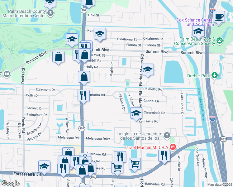 map of restaurants, bars, coffee shops, grocery stores, and more near 2600 Palmarita Road in West Palm Beach