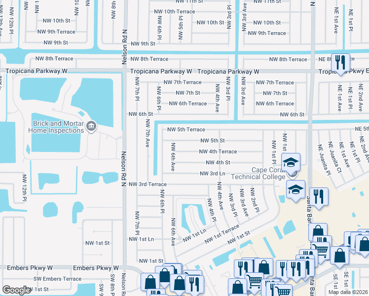 map of restaurants, bars, coffee shops, grocery stores, and more near 509 Northwest 4th Terrace in Cape Coral