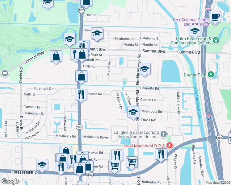 map of restaurants, bars, coffee shops, grocery stores, and more near 2600 Palmarita Road in West Palm Beach