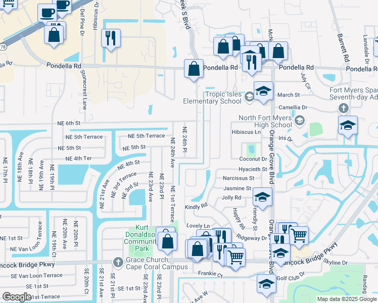 map of restaurants, bars, coffee shops, grocery stores, and more near 414 Northeast 25th Avenue in Cape Coral