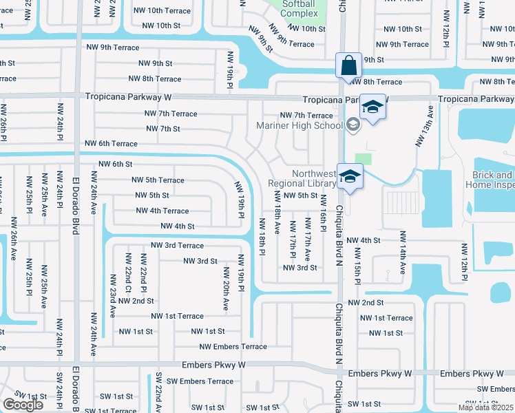 map of restaurants, bars, coffee shops, grocery stores, and more near 432 Northwest 18th Place in Cape Coral