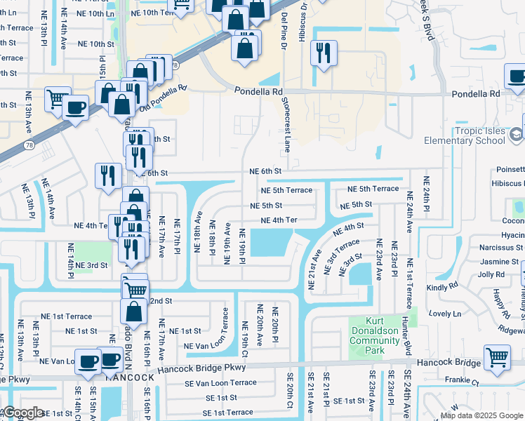 map of restaurants, bars, coffee shops, grocery stores, and more near 1940 Northeast 5th Street in Cape Coral