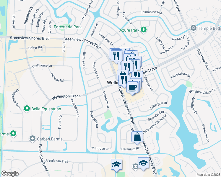 map of restaurants, bars, coffee shops, grocery stores, and more near 14082 Wellington Trace in Wellington