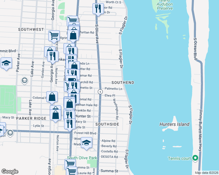 map of restaurants, bars, coffee shops, grocery stores, and more near 231 Palmetto Lane in West Palm Beach