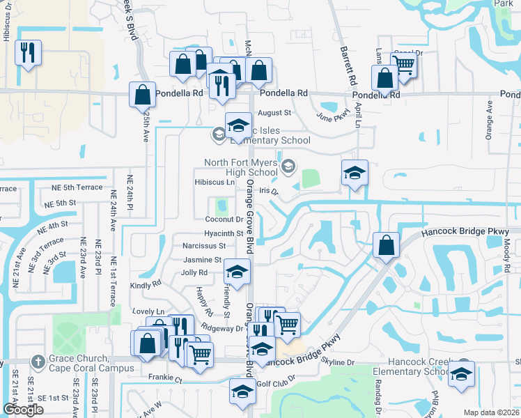 map of restaurants, bars, coffee shops, grocery stores, and more near 847 Hydrangea Drive in North Fort Myers