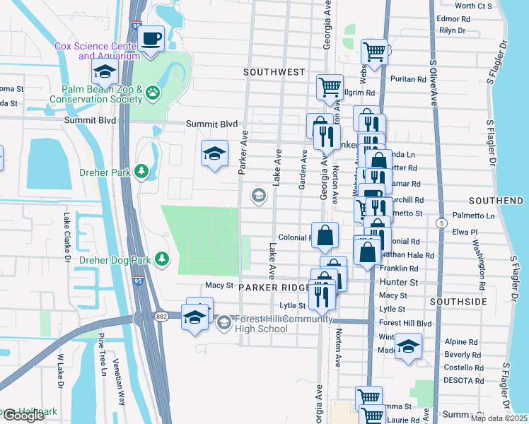 map of restaurants, bars, coffee shops, grocery stores, and more near 810 Palmetto Street in West Palm Beach