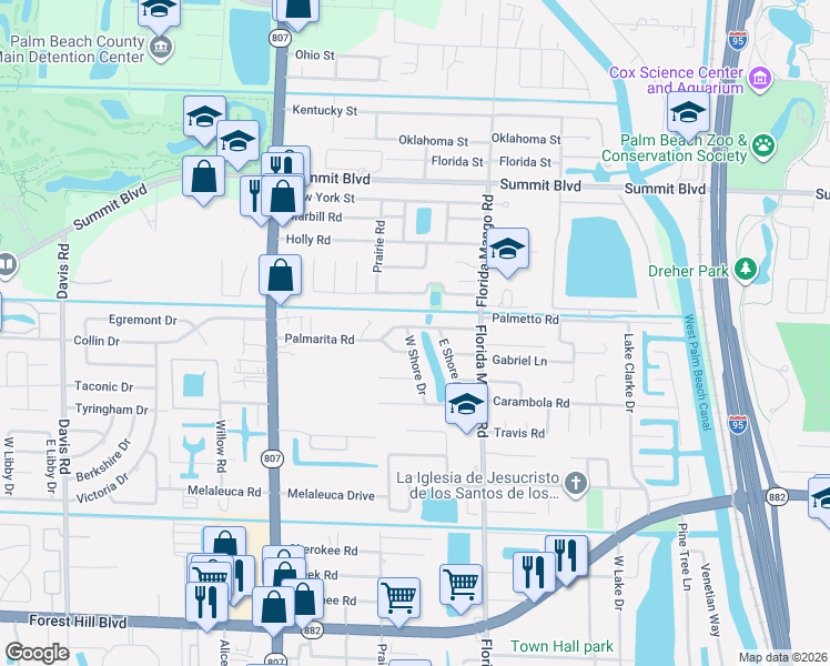 map of restaurants, bars, coffee shops, grocery stores, and more near 1052 West Shore Drive in West Palm Beach