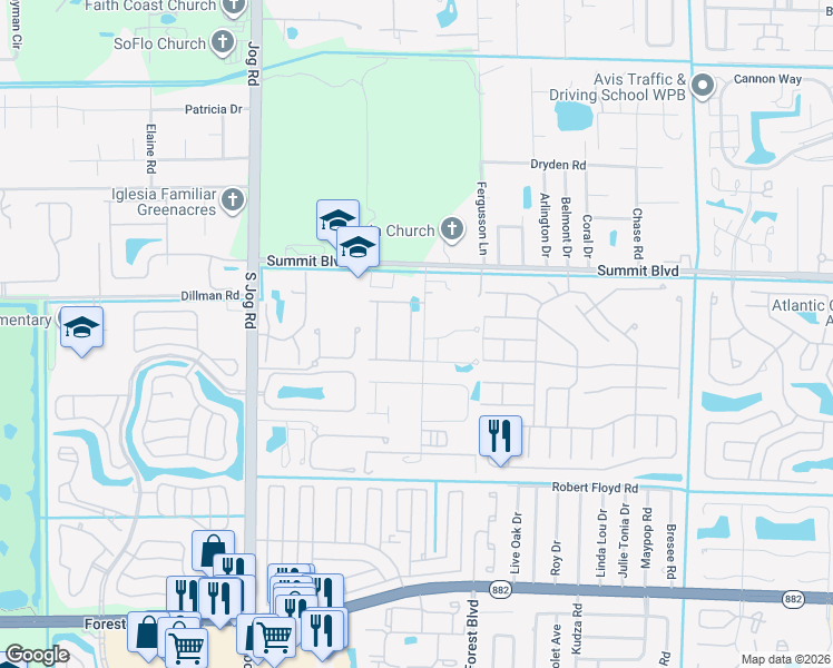 map of restaurants, bars, coffee shops, grocery stores, and more near 6017 Sandhill Crane Drive in West Palm Beach