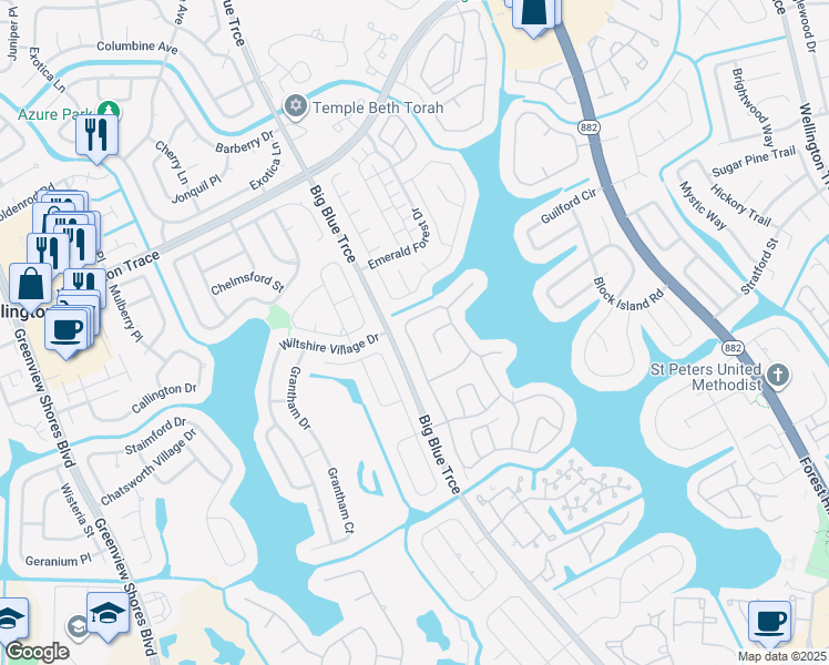 map of restaurants, bars, coffee shops, grocery stores, and more near 13065 Meadowbreeze Dr in Wellington