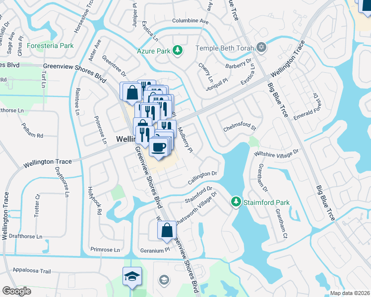 map of restaurants, bars, coffee shops, grocery stores, and more near 1198 Mulberry Place in Wellington