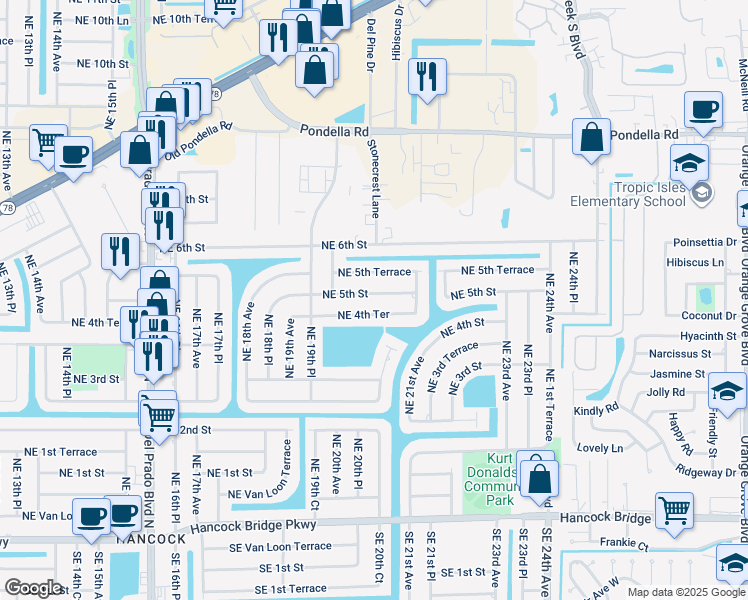 map of restaurants, bars, coffee shops, grocery stores, and more near 2018 Northeast 5th Street in Cape Coral