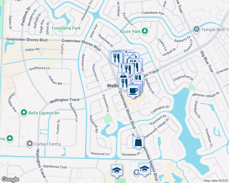 map of restaurants, bars, coffee shops, grocery stores, and more near 14082 Wellington Trace in Wellington