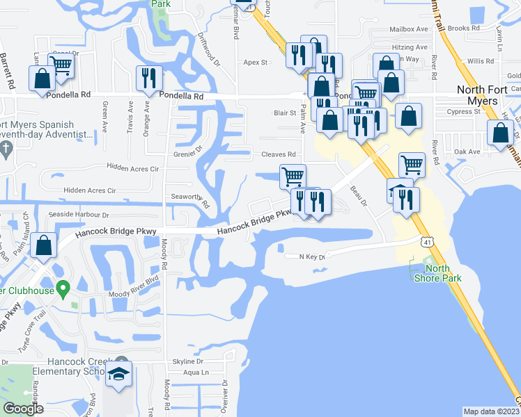 map of restaurants, bars, coffee shops, grocery stores, and more near 3501 Hancock Bridge Parkway in North Fort Myers