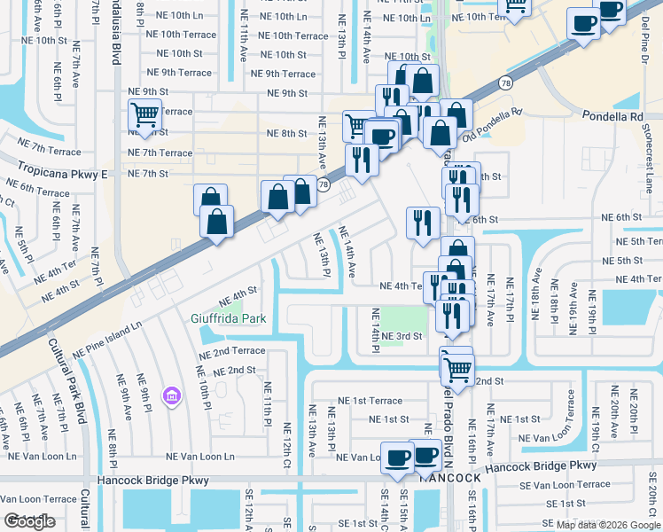 map of restaurants, bars, coffee shops, grocery stores, and more near 409 Northeast 13th Place in Cape Coral