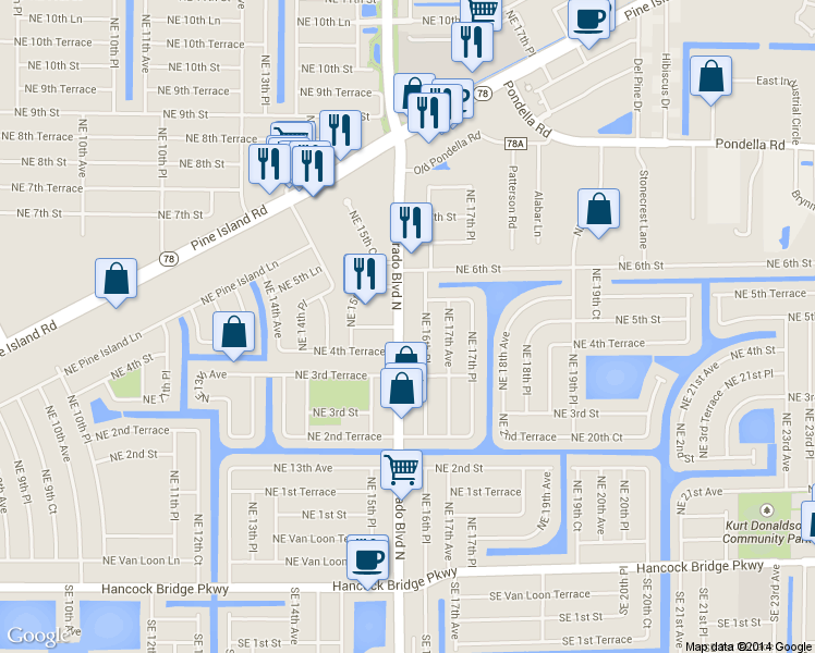 map of restaurants, bars, coffee shops, grocery stores, and more near 417 Del Prado Boulevard North in Cape Coral