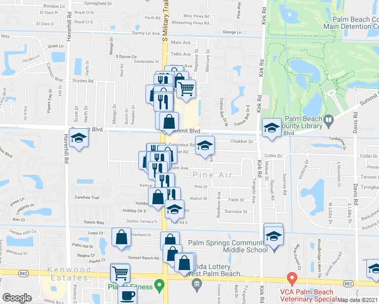 map of restaurants, bars, coffee shops, grocery stores, and more near Forest Road in West Palm Beach