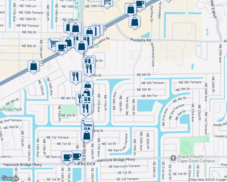 map of restaurants, bars, coffee shops, grocery stores, and more near 424 Northeast 18th Avenue in Cape Coral
