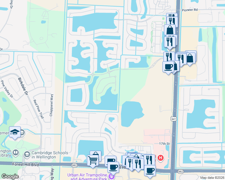 map of restaurants, bars, coffee shops, grocery stores, and more near 10448 Galleria Street in Wellington