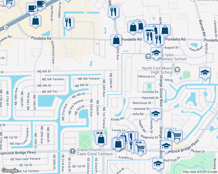map of restaurants, bars, coffee shops, grocery stores, and more near 414 Northeast 25th Avenue in Cape Coral